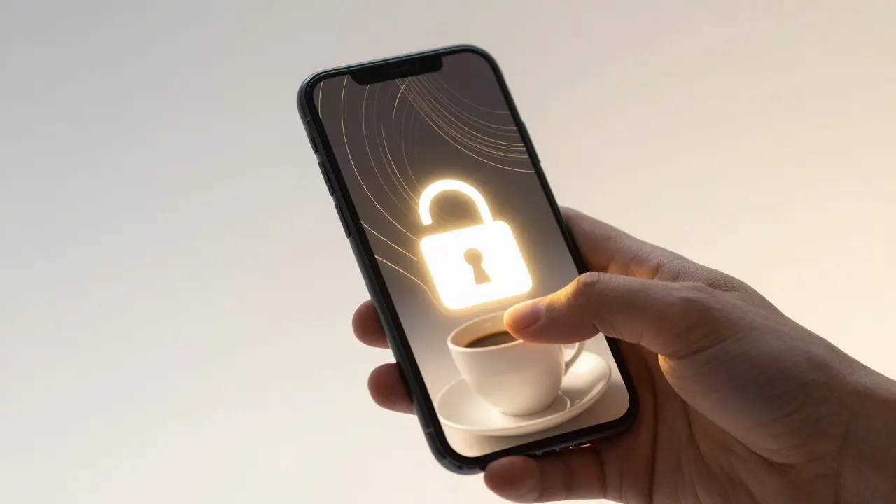 Secure payment transaction with glowing padlock icon on phone