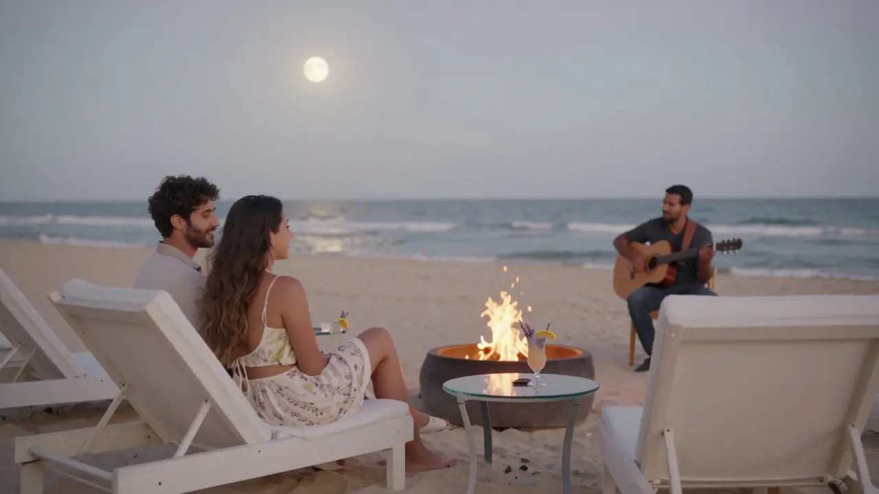 Serene beach club at dusk with loungers, fire pit, and cocktails under moonlight, no crowds or neon lights.