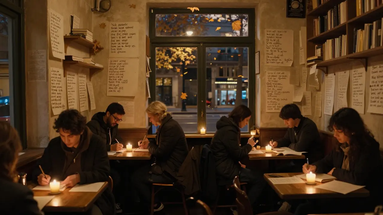 Silent patrons write poetry in a cozy bookstore bar, walls covered in handwritten notes under candlelight.