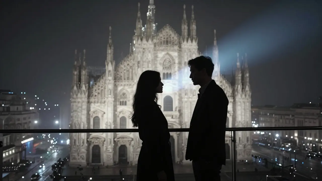 Silhouettes on a luxury terrace at night, Milan's city lights glowing below like stars in the distance.