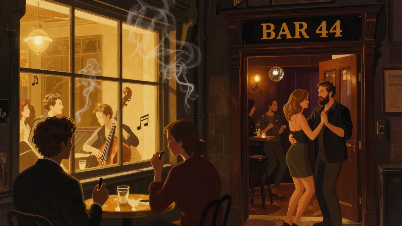 Soho’s dimly lit alley leading to a hidden basement club, jazz and disco lights glowing through an unmarked door.