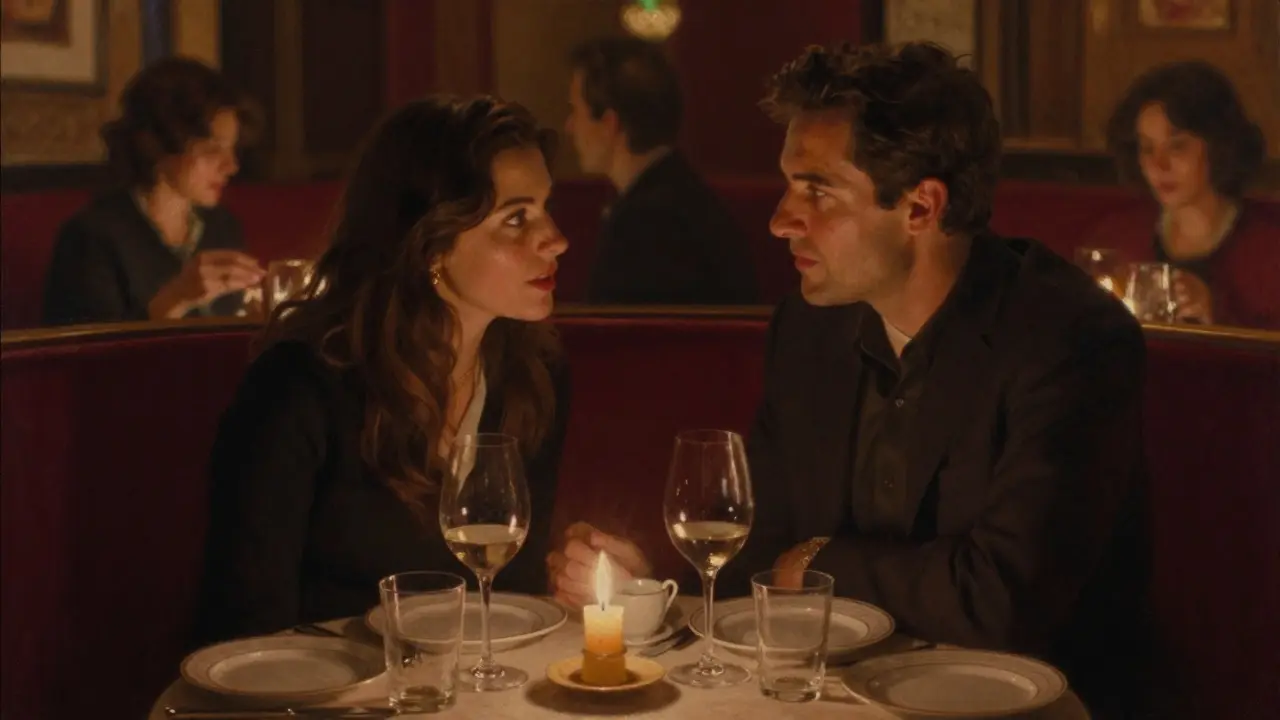 Two people share an intimate dinner in a cozy booth at Le Caprice restaurant, candlelight illuminating their conversation.