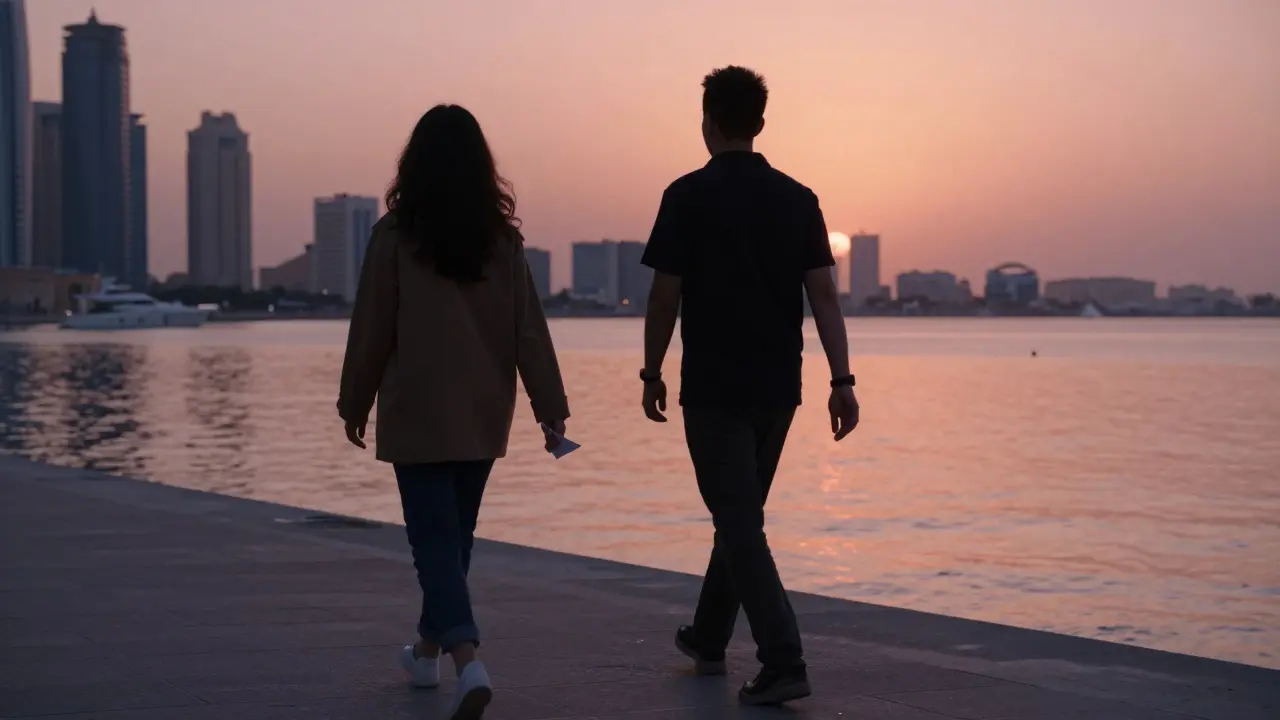 Two people walking peacefully along Dubai Marina at sunset, silhouetted against a calm skyline.