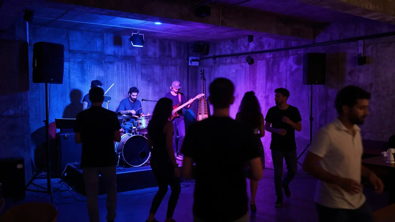 Underground lounge with live jazz performance, neon lights, and energetic crowd.