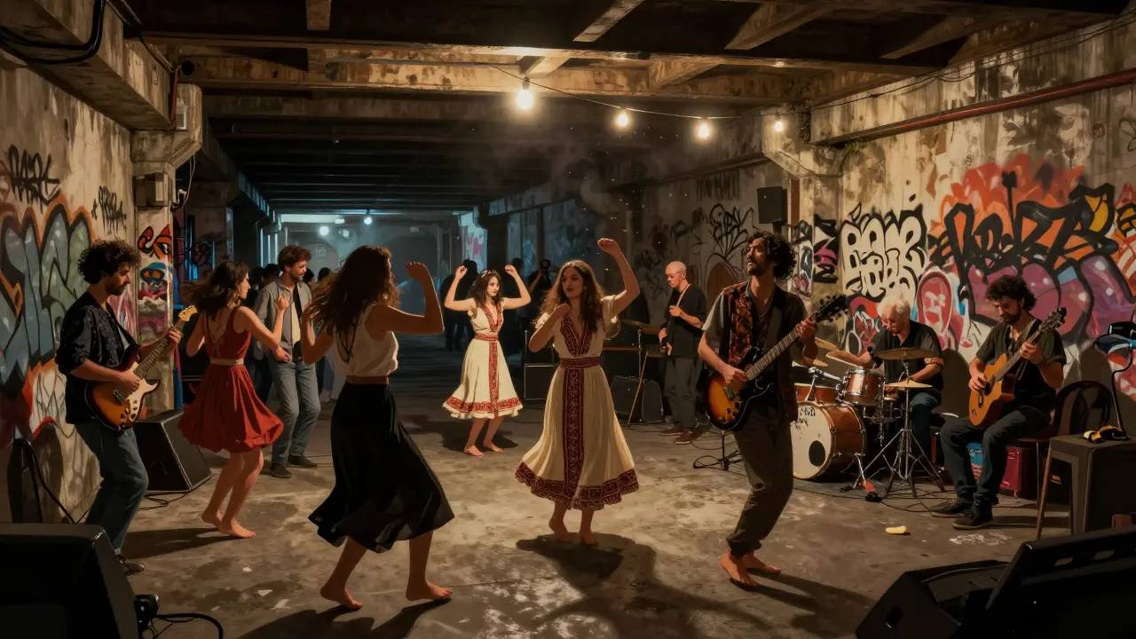 Underground music crowd at Arkaoda dancing beneath a railway bridge, live band playing folk-rock fusion in dim, dusty light.