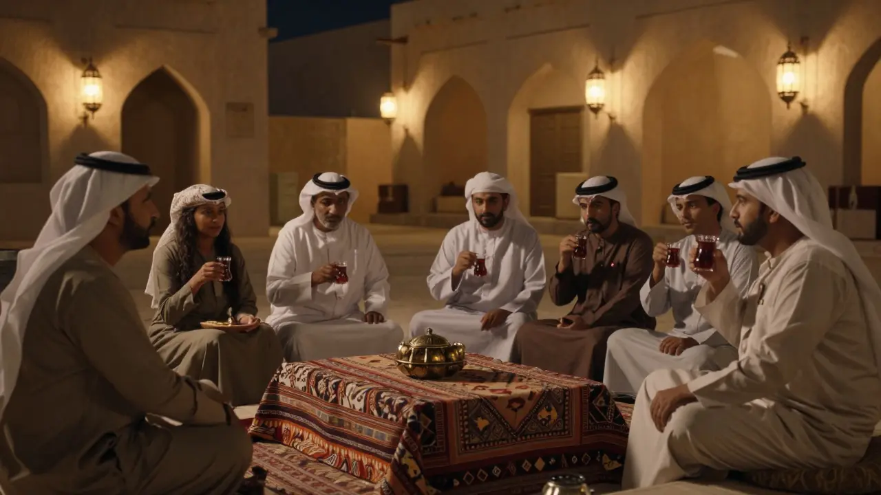 Visitors listening to a storyteller in Abu Dhabi's Heritage Village under lantern light.