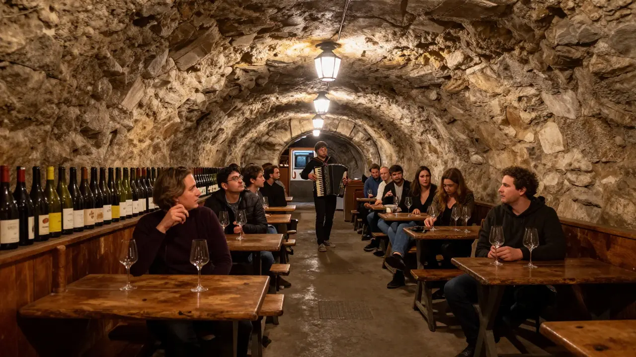 Wine lovers sit in a tunnel bar beneath Paris, surrounded by unlabeled bottles and lit by soft lanterns.
