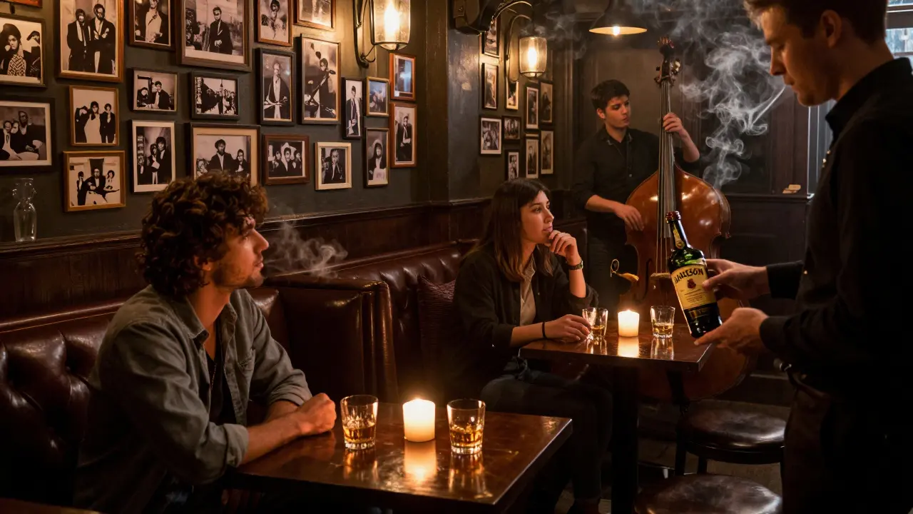 A bartender serving whiskey in a dimly lit Soho bar filled with vintage photos, a lone traveler at the counter under warm candlelight.
