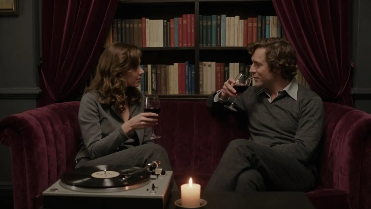 A couple engaged in deep conversation in a cozy Soho lounge with vintage vinyl playing softly.