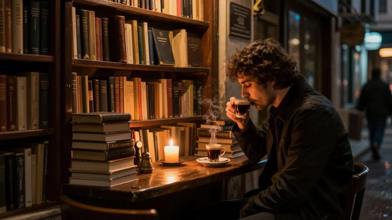A cozy book bar with candlelight, a reader sipping coffee among shelves of poetry books.