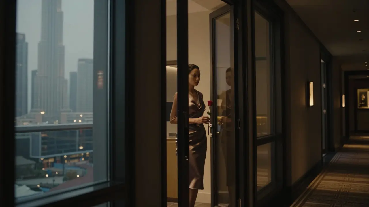 A discreet luxury hotel door slightly open, revealing a professional woman waiting calmly by the window.