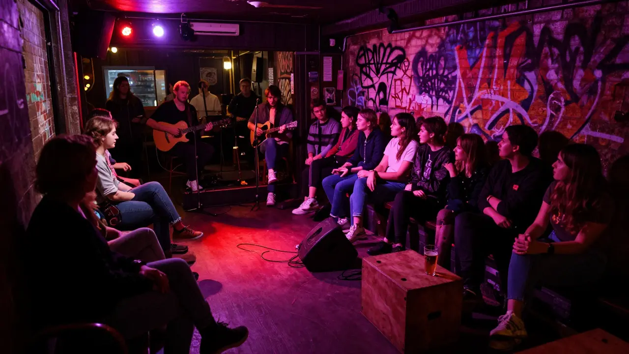 A diverse crowd listening intently to an indie band in a dimly lit Shoreditch basement venue with no cover charge.