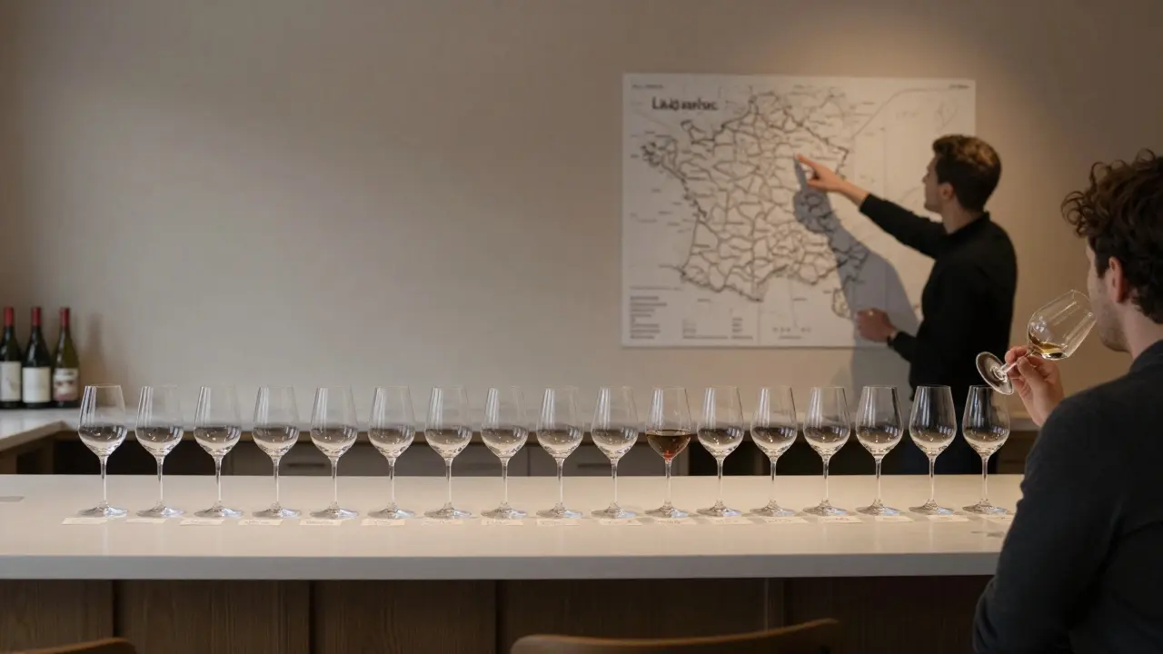 A guest sips a tasting flight of three Languedoc wines at a minimalist Mayfair wine bar with handwritten notes beside each glass.