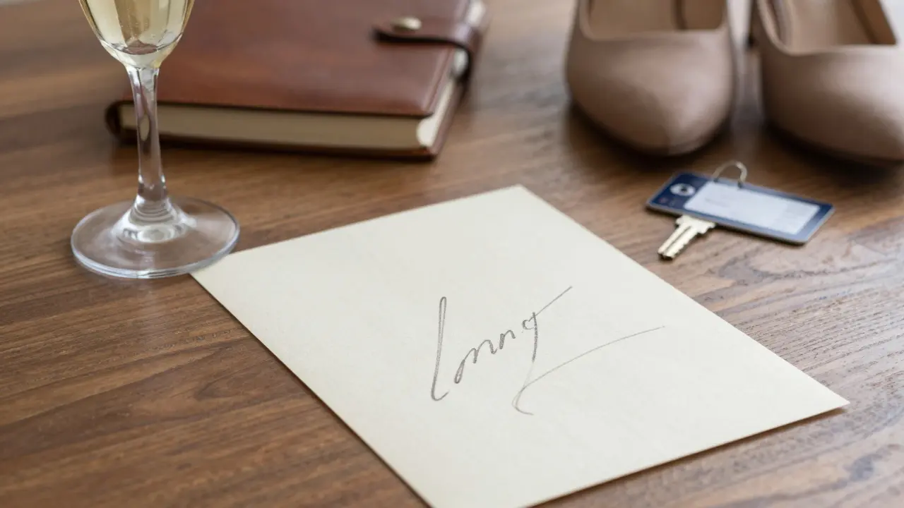 A handwritten note beside a champagne glass, with a journal and keycard nearby, suggesting a private, meaningful encounter.