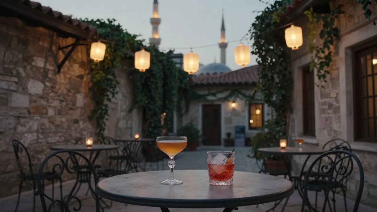 A hidden courtyard with lanterns and vintage cocktails, bathed in twilight near a mosque's distant minarets.