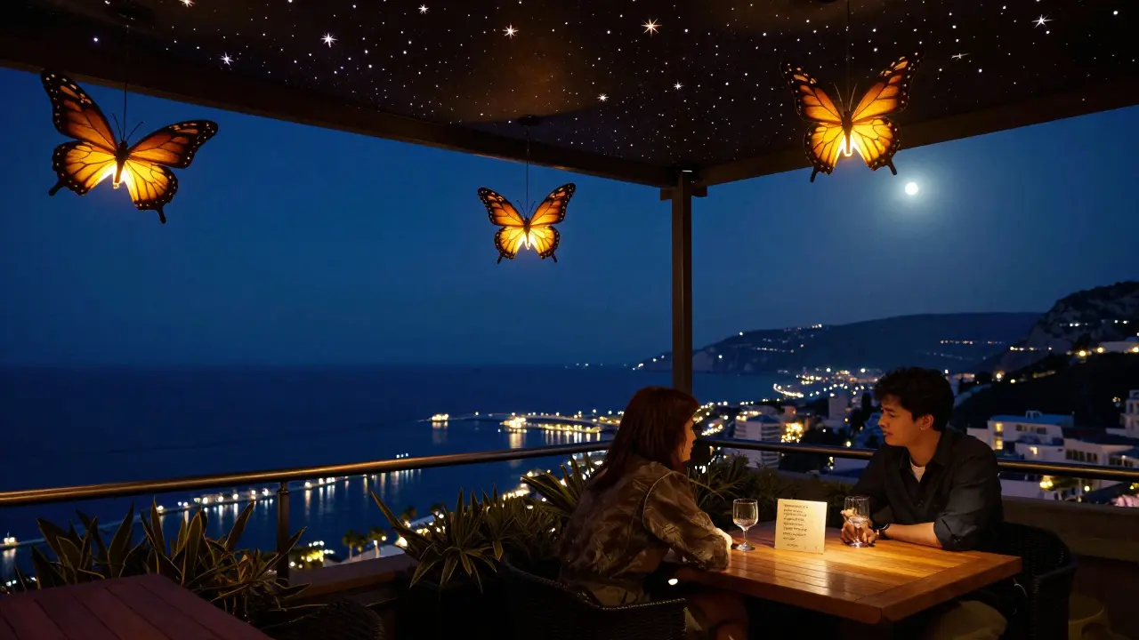 A hidden rooftop bar with butterfly lanterns and a starlit ceiling, overlooking Monaco's glowing coastline at night.