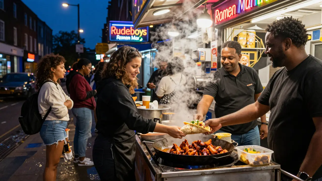 A late-night food stall in Brixton serving jerk chicken wraps under glowing neon signs at 1 AM.