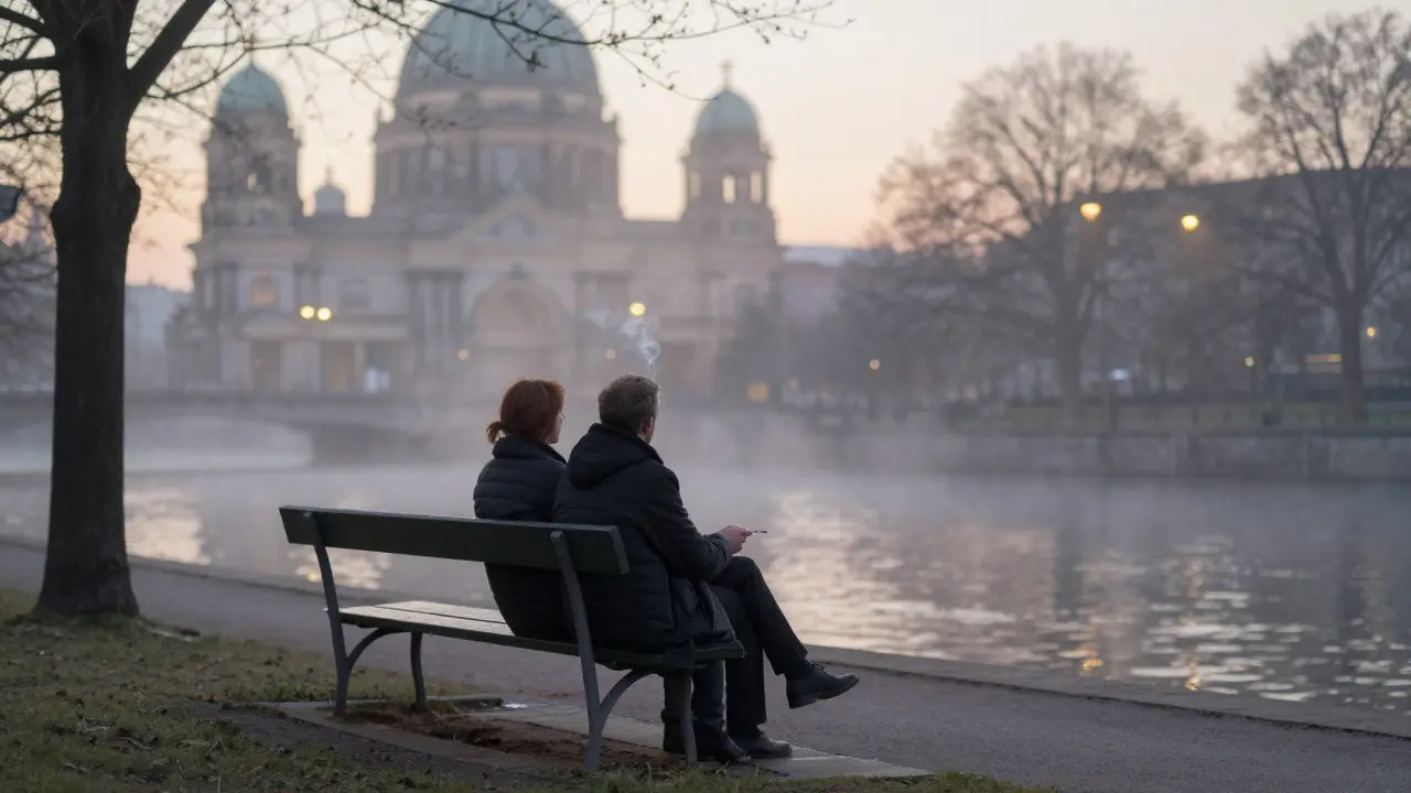 A man and woman sit in silence on a riverside bench at dawn, mist rising around them in Berlin.