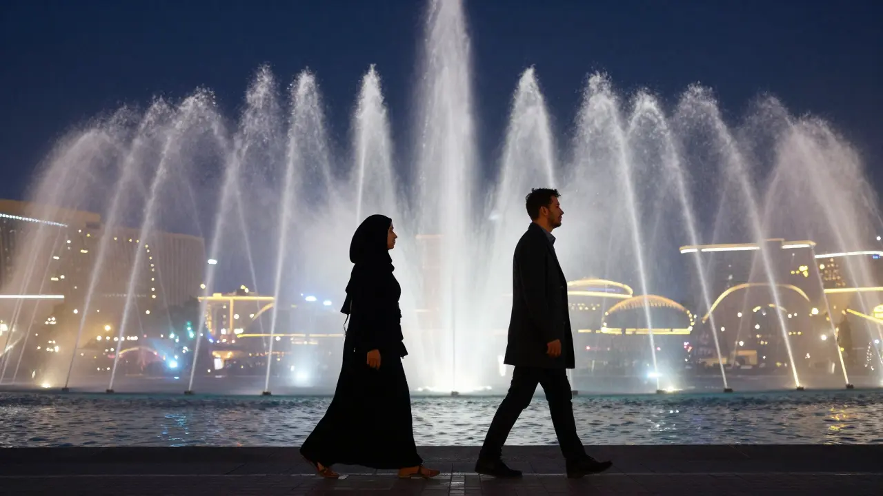A man and woman walk side by side beneath the glowing Dubai Fountain at night, their silhouettes in perfect harmony.