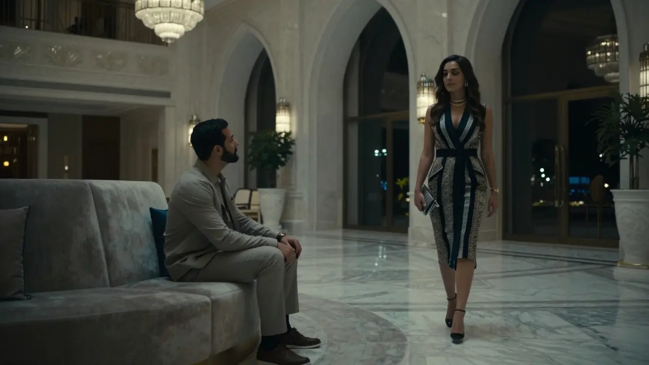 A man waits in a luxurious hotel lobby as a woman approaches, both dressed elegantly with no visible logos or phones.