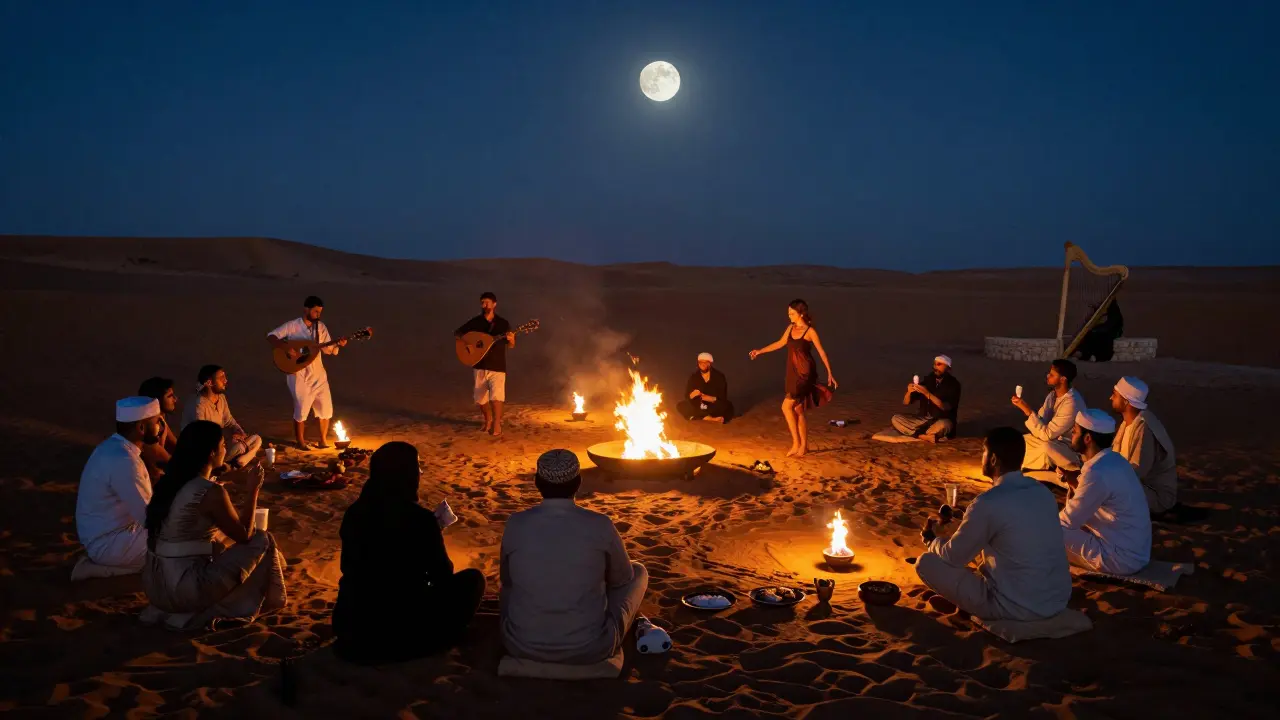 A moonlit desert party with fire pits, barefoot dancers, and live oud music under a star-filled sky.