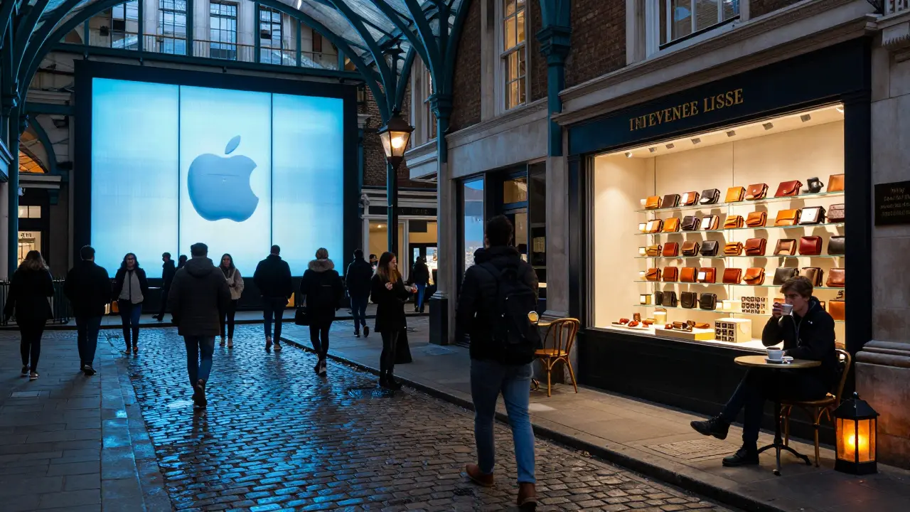 A person sipping espresso beside a glowing pop-up shop in Covent Garden at night.
