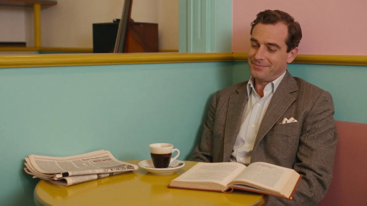 A quiet corner of Bar Luce with an espresso cup and open book in 1950s Italian café style.