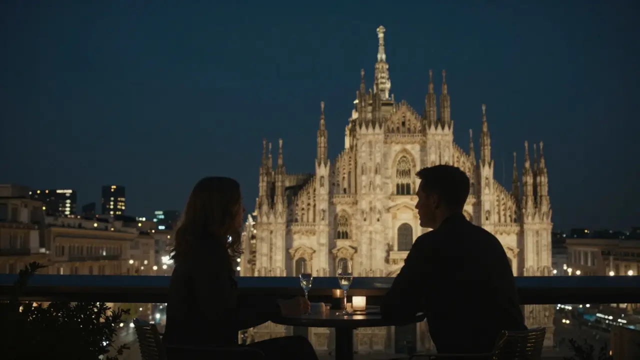 A quiet rooftop terrace at night with a view of Milan's illuminated Duomo and city skyline.