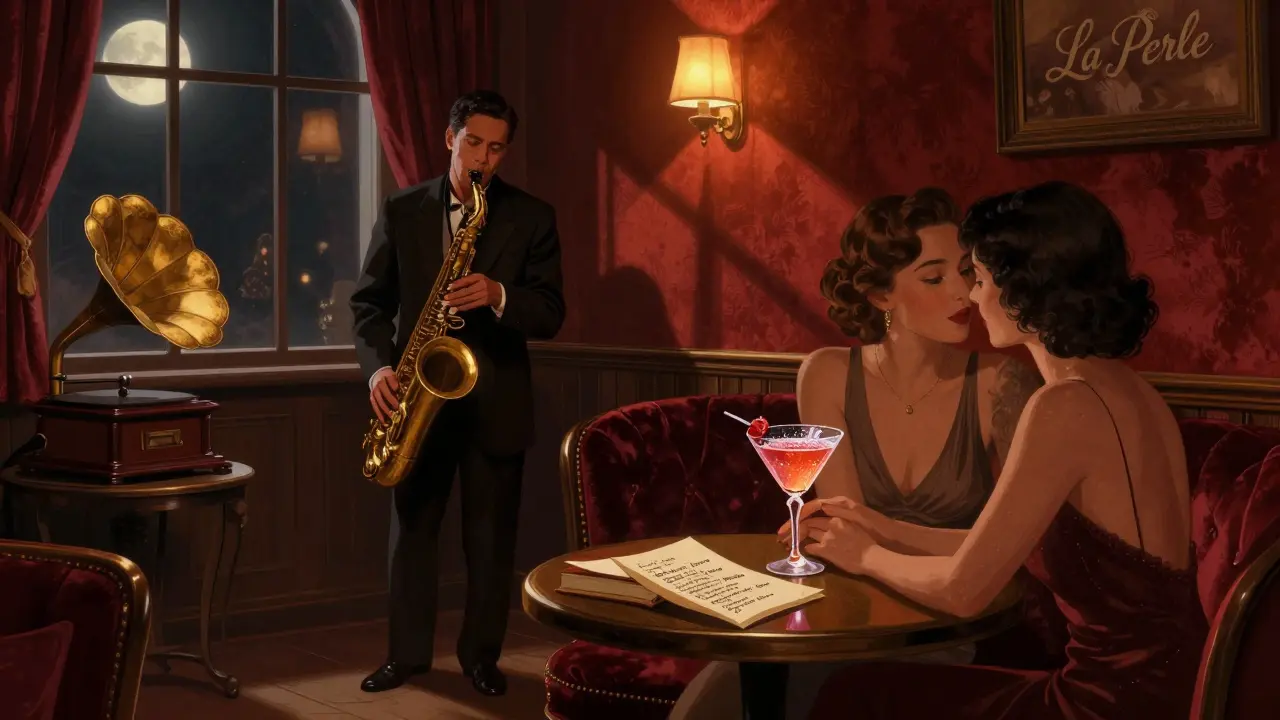 A romantic jazz lounge with velvet walls and soft amber light, a saxophonist playing as a couple sips a poetic cocktail.