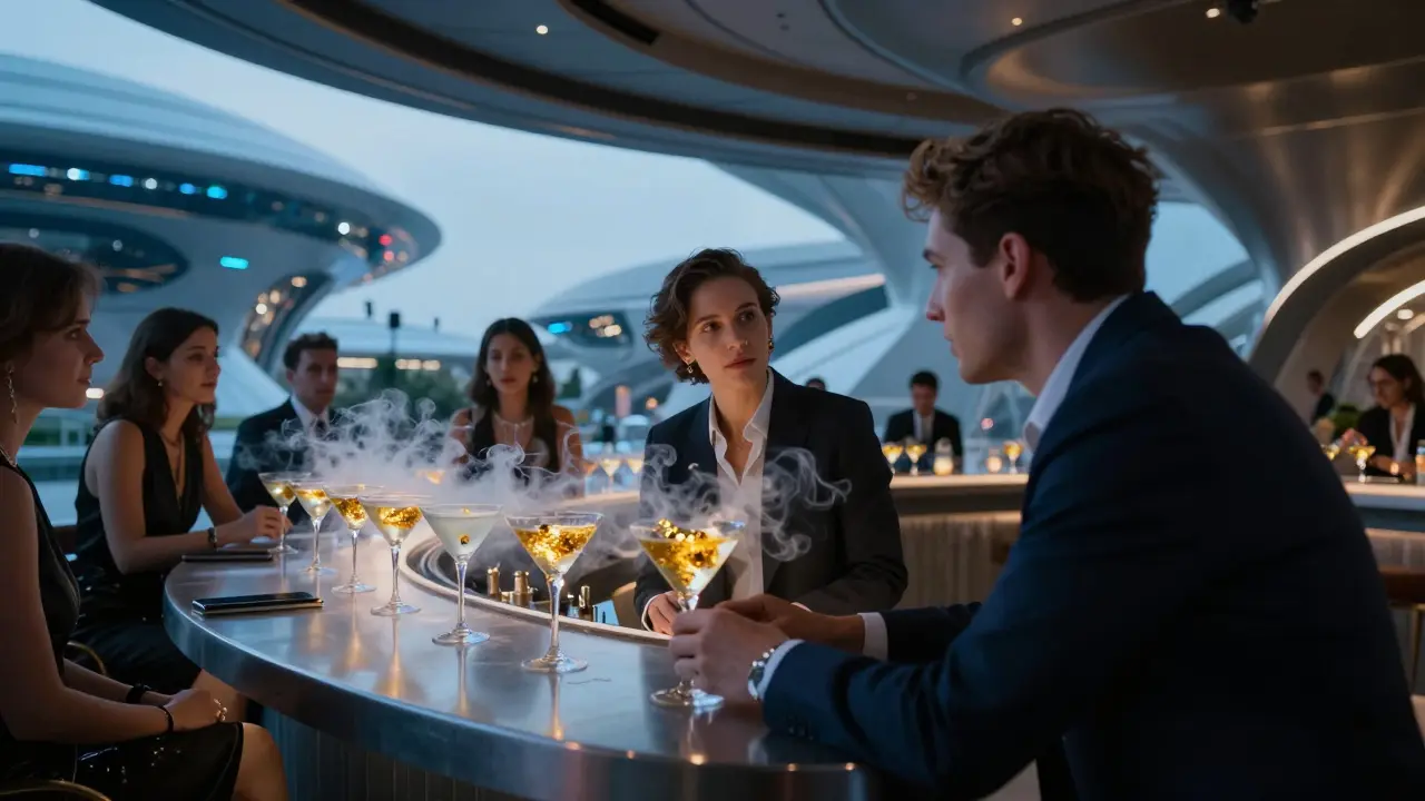 A rotating circular bar inside a futuristic museum, guests sipping glowing cocktails as city lights shimmer beyond glass walls.