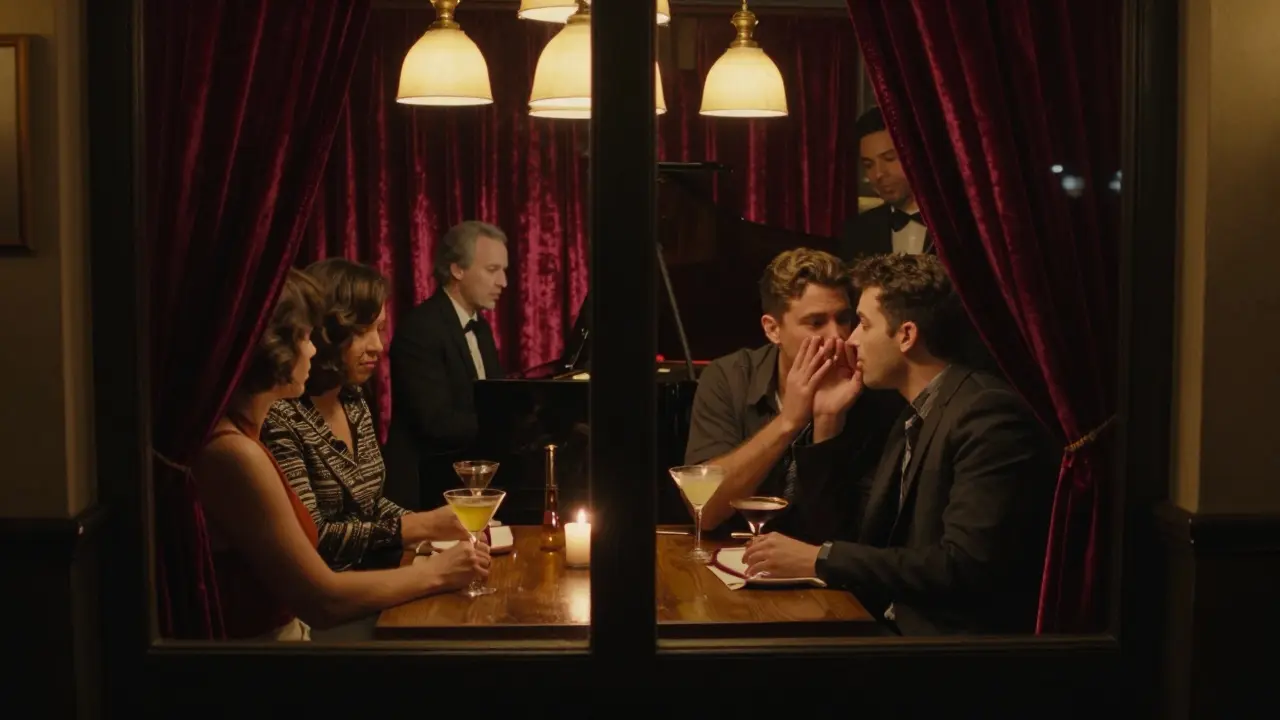 A secret speakeasy behind a fridge, lit by candlelight, with patrons sipping cocktails in test tubes.