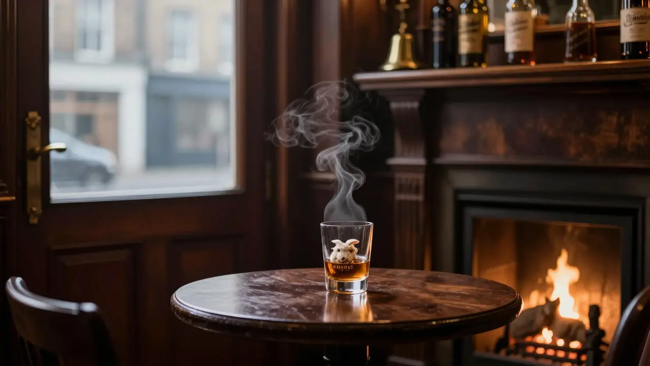 A single glass of whisky steaming beside a fireplace in a quiet, wood-paneled Mayfair pub, shadows and brass details hinting at history.