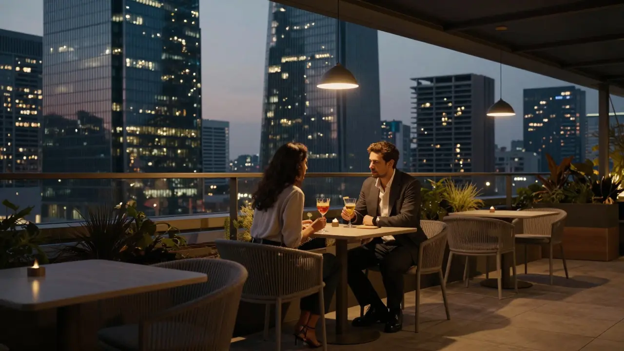 A sleek rooftop lounge in Porta Nuova at night with city lights glowing in the distance and two people sharing a drink.