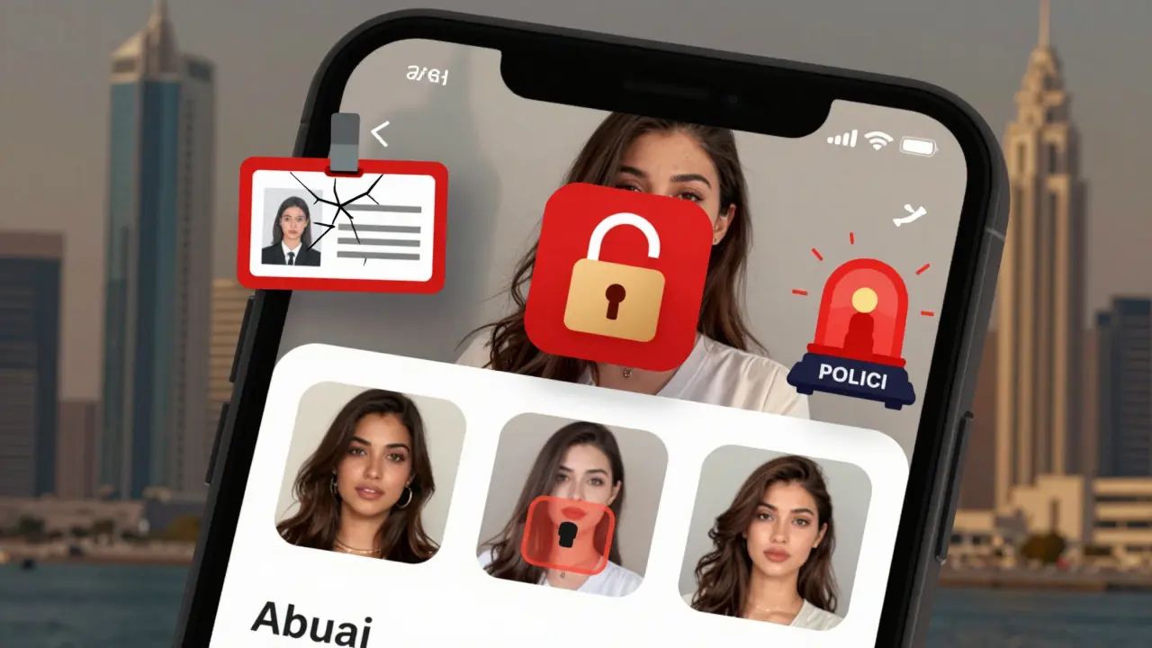 A smartphone screen displaying a suspicious social media profile with warning symbols like a cracked ID and police siren.