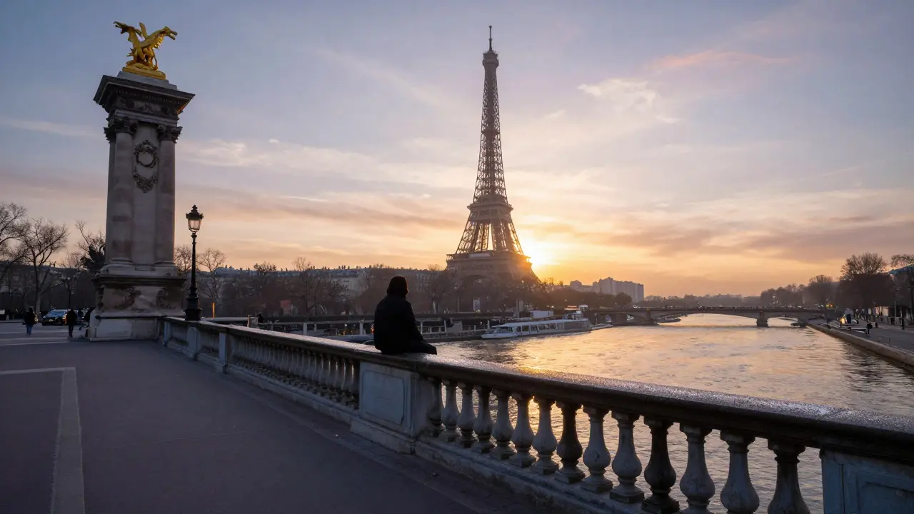 A solitary figure watching the sunrise over the Seine from Pont Alexandre III.