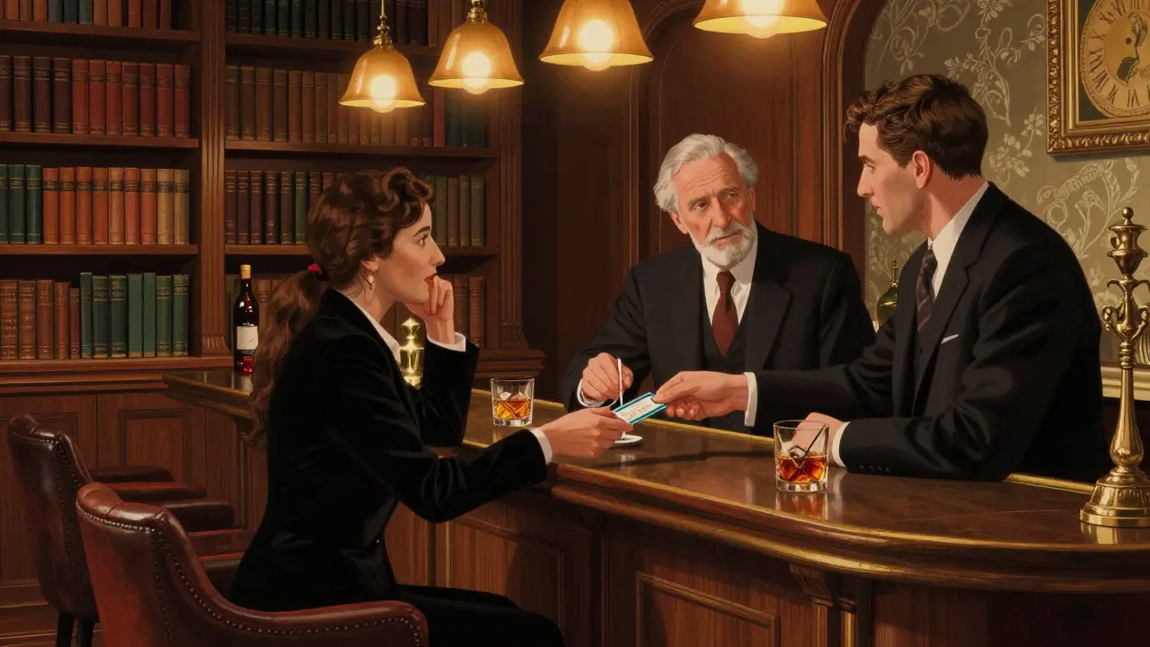 A sophisticated 1920s-style library bar where two professionals exchange business cards under warm brass lighting.