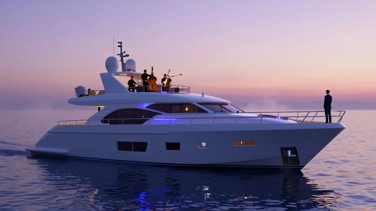 A superyacht at dawn with a live jazz trio playing on deck, sunrise reflecting off the water and polished hull.