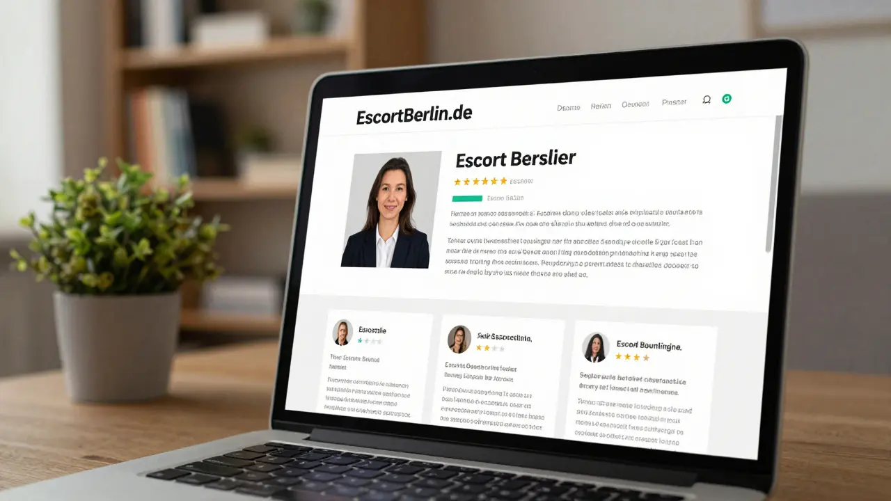 A verified escort profile on a laptop screen with clear photos and reviews, set in a cozy Berlin apartment.