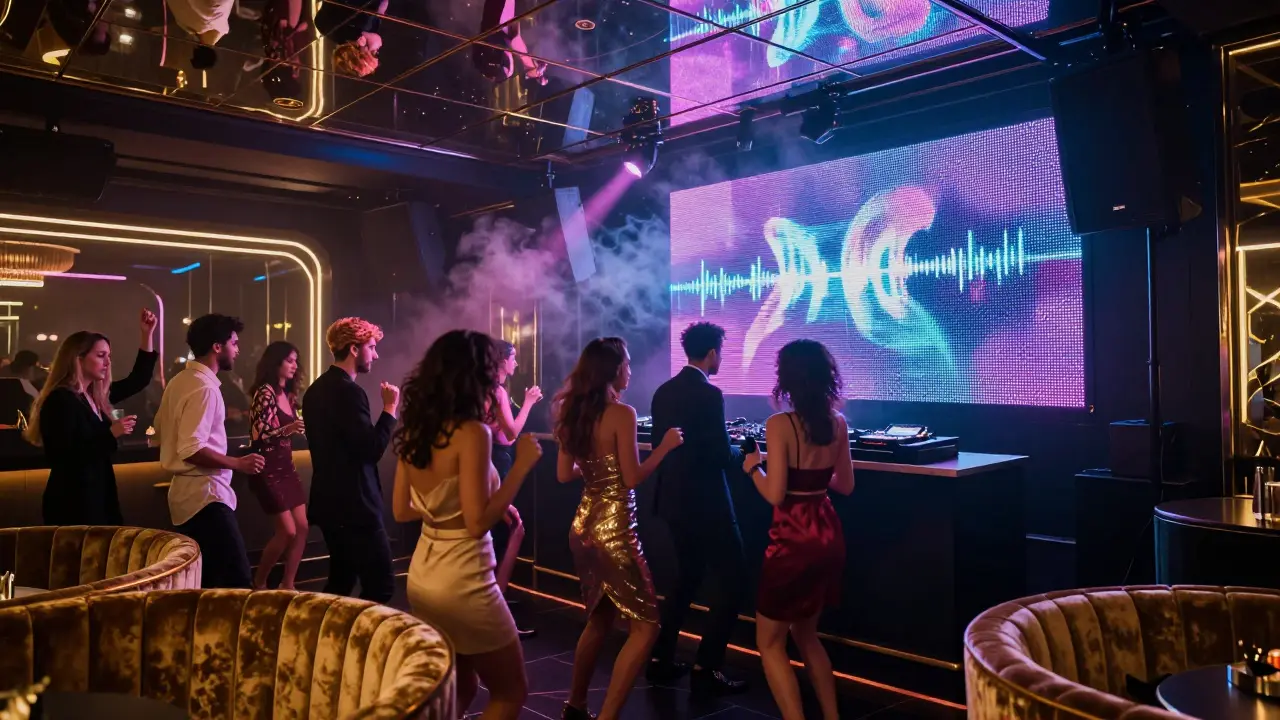 A vibrant nightclub interior with neon lights, dancing crowds, and a DJ at the console.