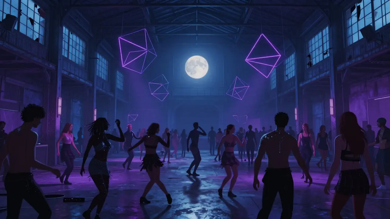 A vibrant underground warehouse club in Isola with dancing crowds under dynamic light installations and moonlight through broken windows.