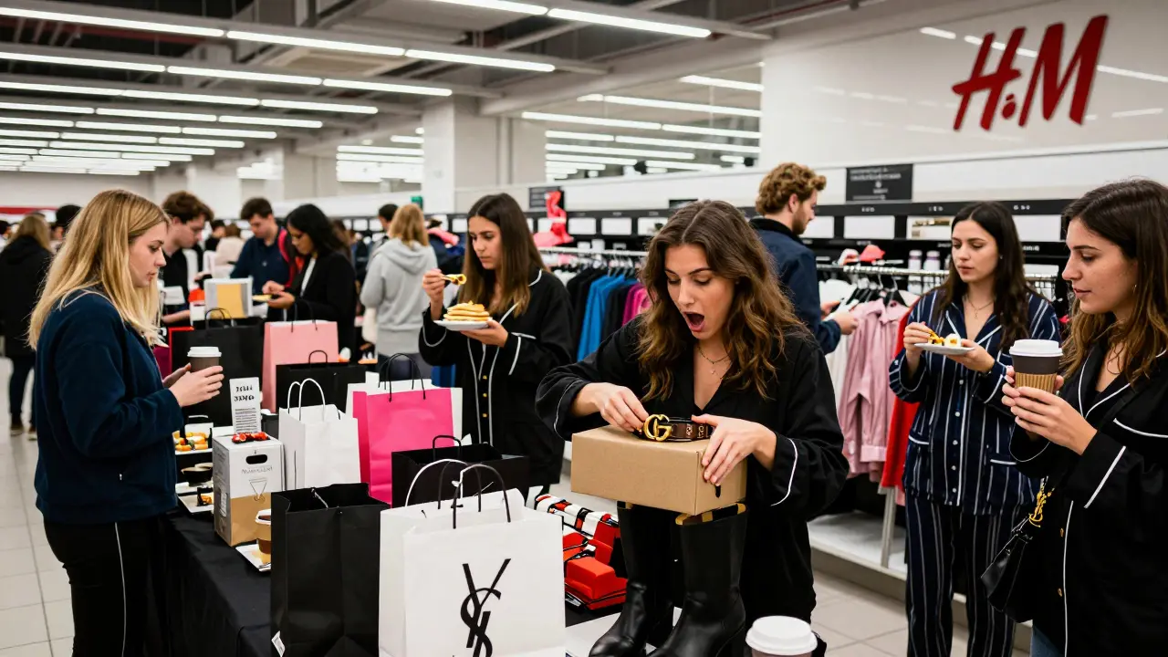 A woman opening designer items from a midnight flash sale at Westfield London.