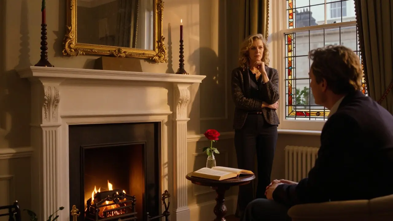 A woman standing by a window in a historic Belgravia townhouse, a rose and open poetry book nearby.