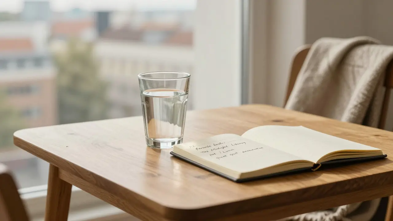 A wooden table with a glass of water and an open notebook containing personal notes, symbolizing human connection beyond physical encounter.