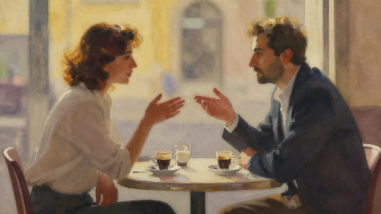 Abstract silhouette of two people talking at a cafe table in warm sunset light.