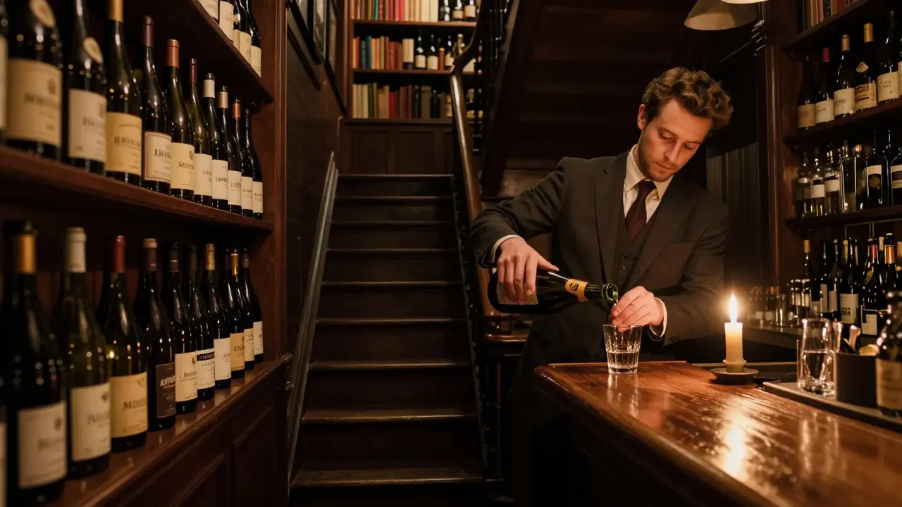 An elegant bartender pouring vintage champagne in a hidden bar lined with antique wine bottles, lit by candlelight.