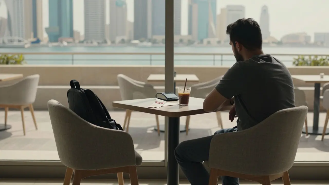 An empty chair in a bright Abu Dhabi café, with a coffee cup and digital payment receipt left on the table.