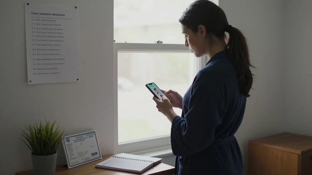 An independent escort reviews a verified client profile on her phone in her rented apartment.