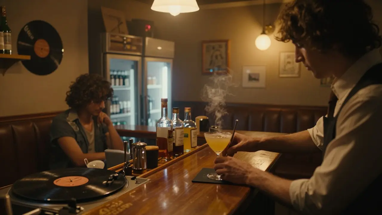 An intimate hidden bar with retro decor, vinyl records, and a bartender mixing cocktails.