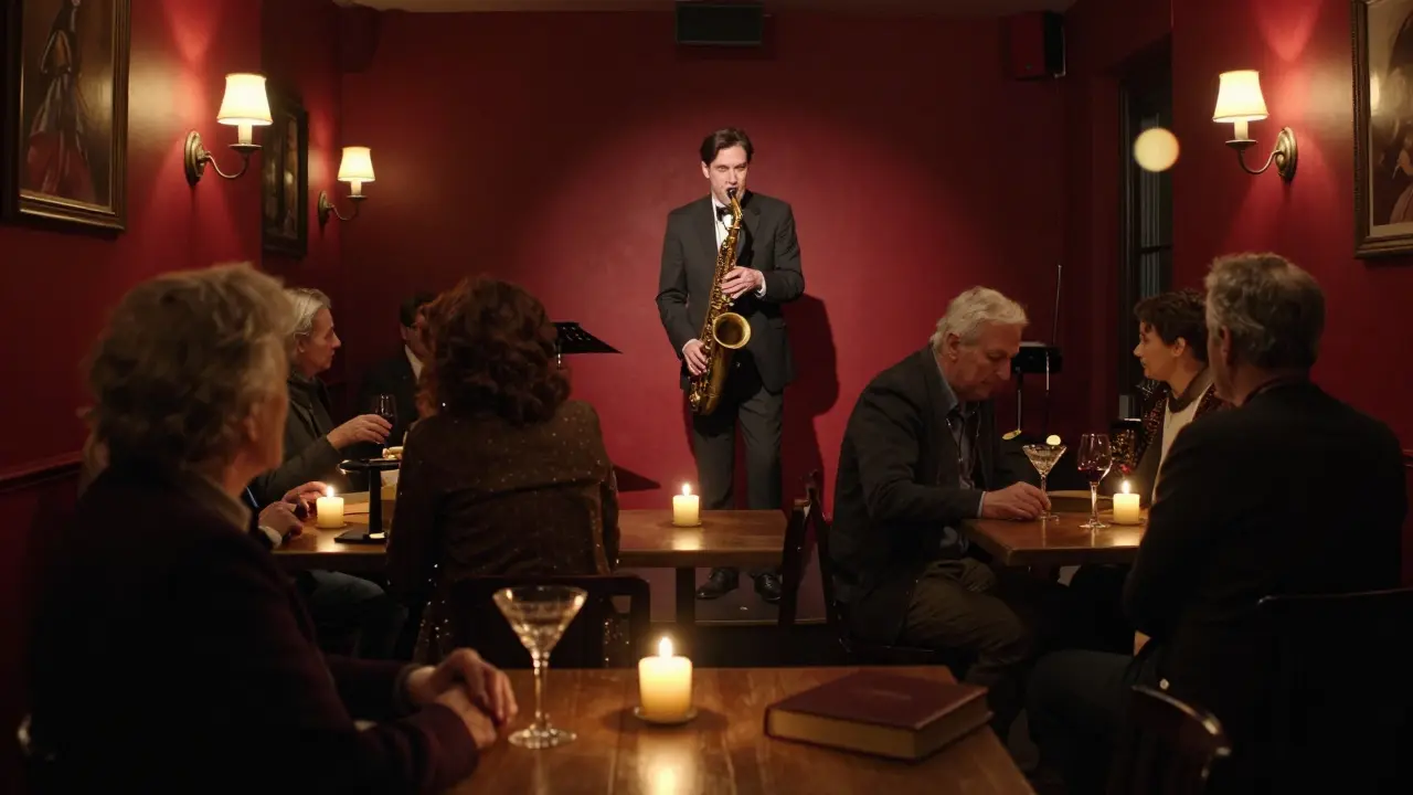 Candlelit Brera bar with a saxophonist playing as locals sip wine in quiet conversation