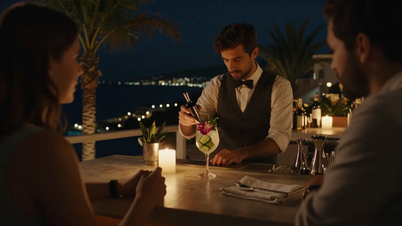 Candlelit rooftop terrace with bartender crafting a personalized drink, rose petal floating in a chilled cocktail, city lights twinkling below.